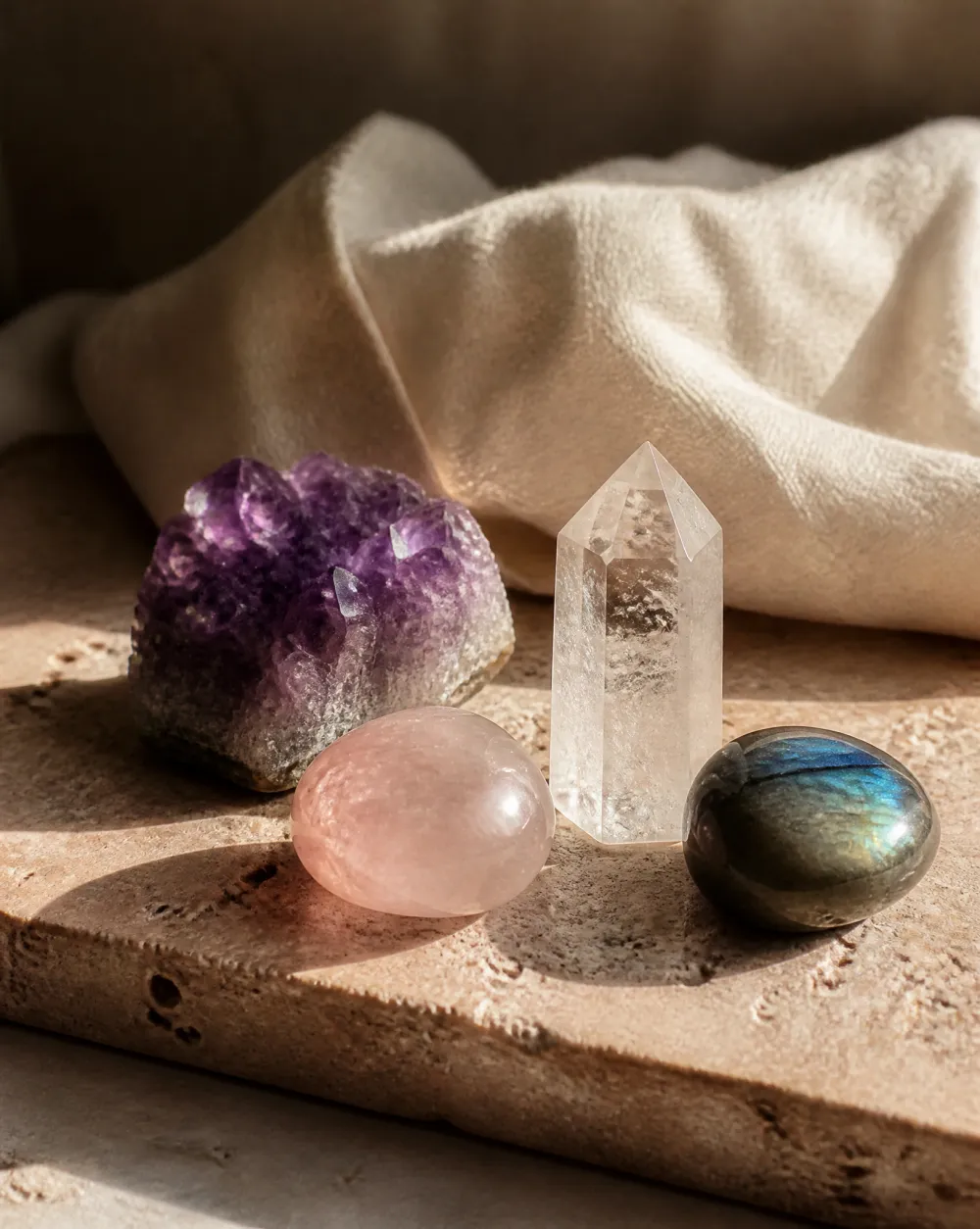 Amethist, bergkristal, rozenkwarts en labradoriet op een travertin plank in zacht zonlicht