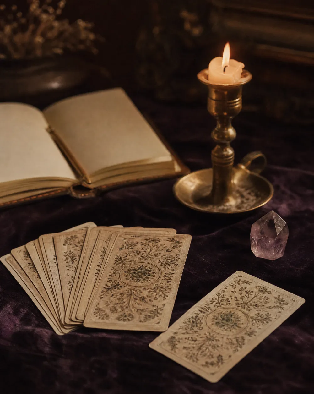 Tarotkaarten op fluweel met een brandende kaars, een amethist en een open notitieboek