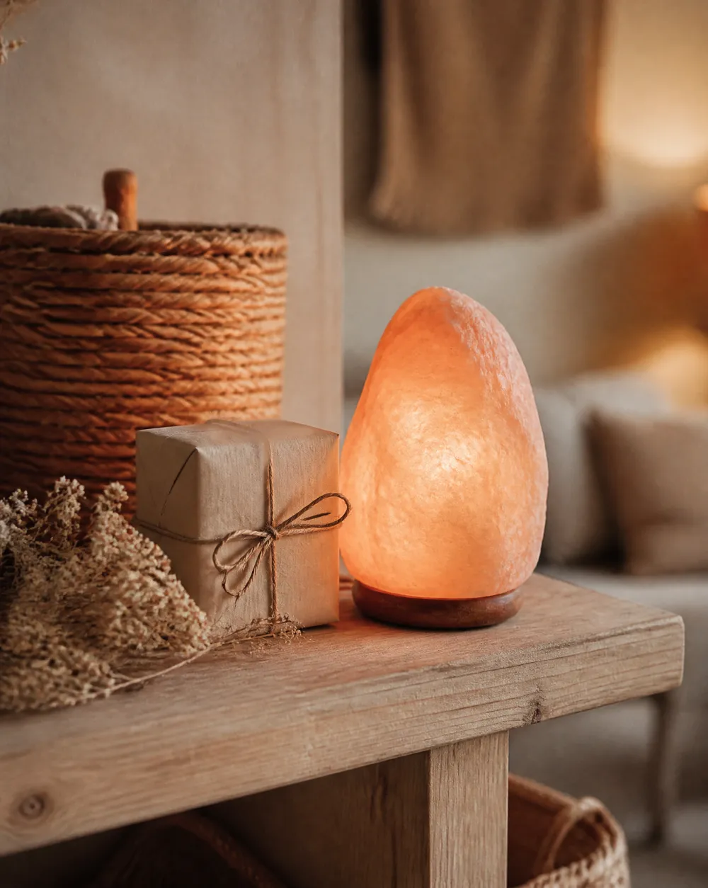 Brandende zoutlamp naast een cadeautje in bruin papier op een houten plank