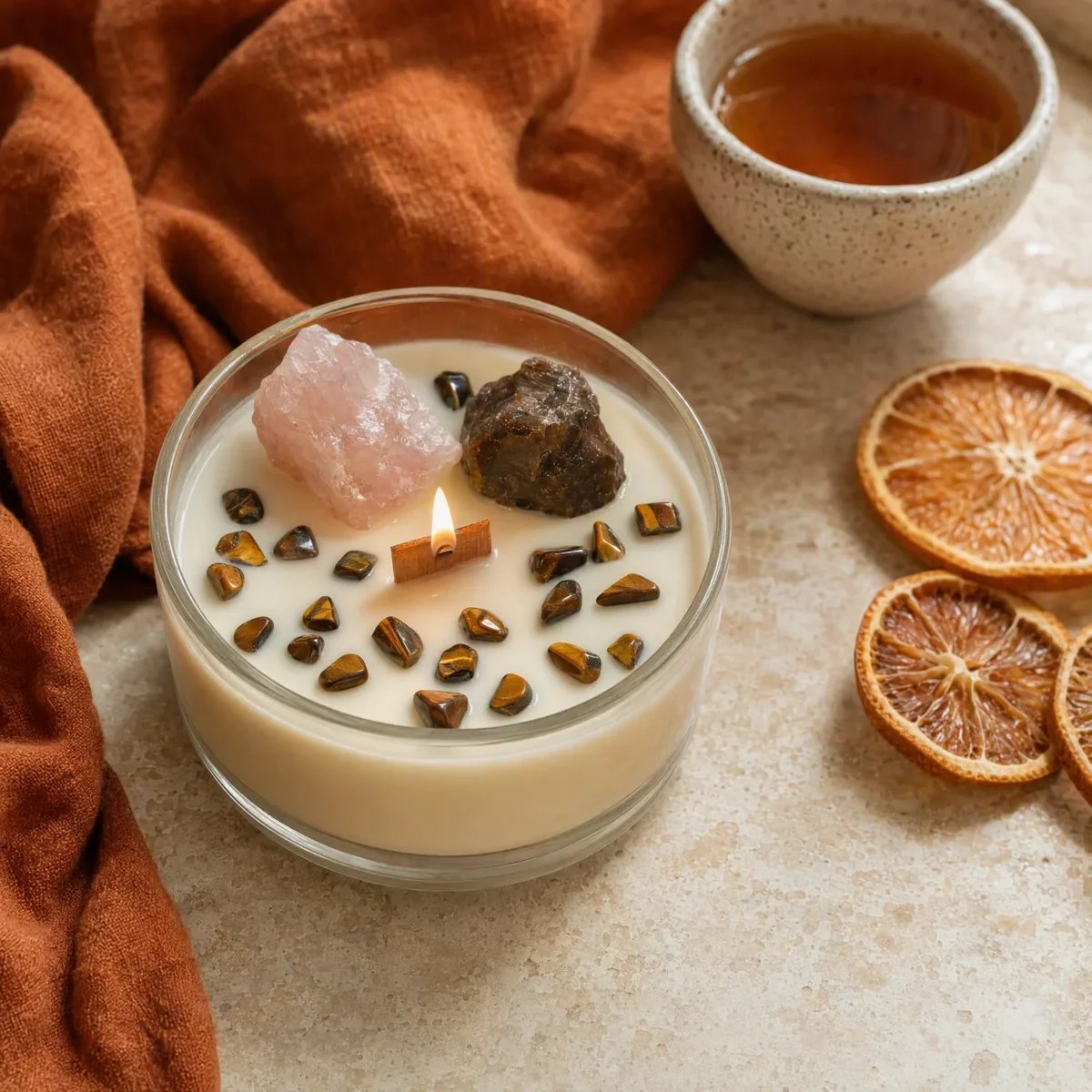 Brandende chakrakaars sacraal chakra met rozenkwarts en tijgeroog op kalksteen, naast oranje linnen, thee en gedroogde sinaasappel