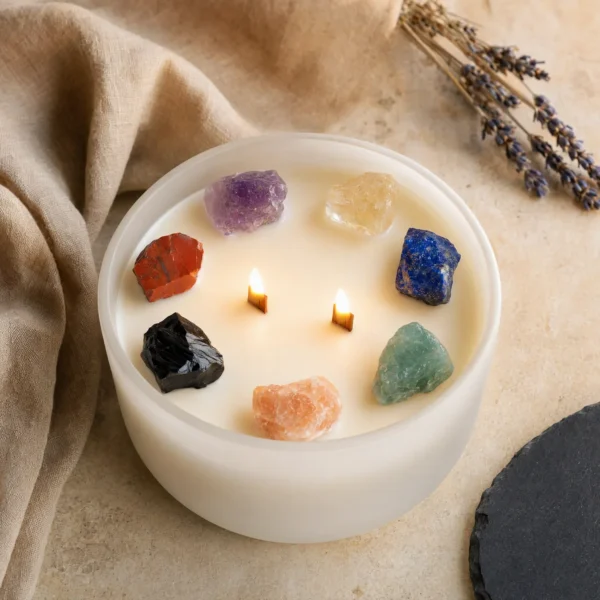 Grote chakrakaars met kristallen, zeven chakra's