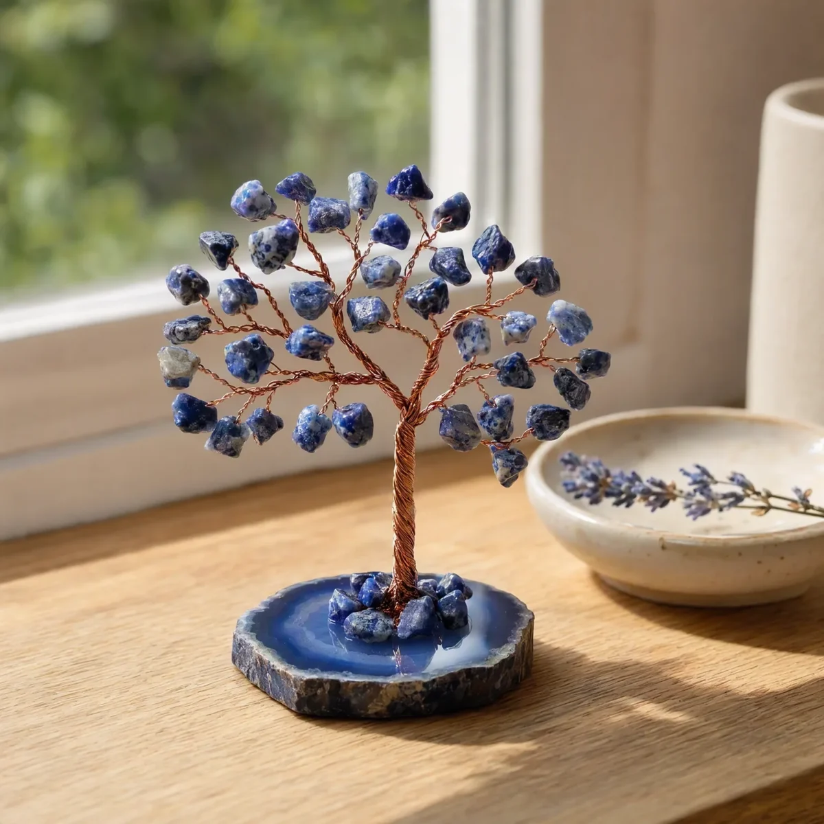 Klein edelsteenboompje met blauwe sodaliet op een schijf van blauwe agaat, in een zonnige vensterbank naast een schaaltje met lavendel