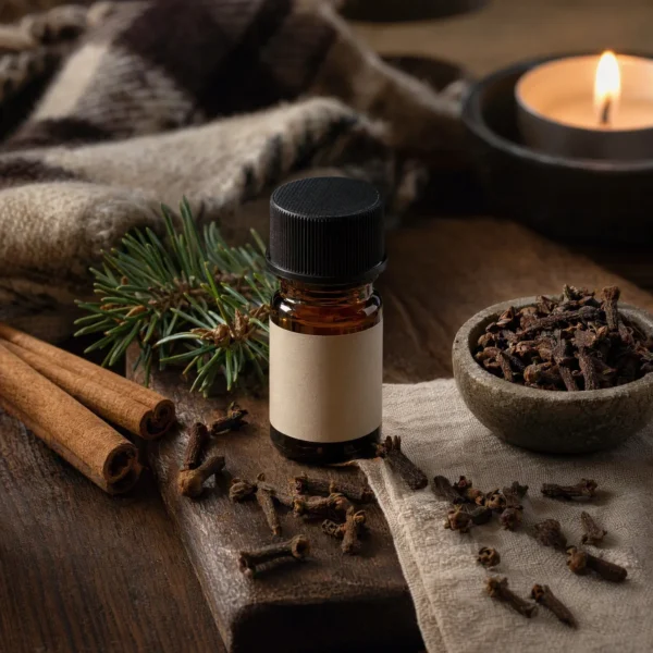 Bruin glazen flesje van 10 ml met zwarte dop en leeg etiket, tussen kruidnagels, kaneelstokken en een dennentakje, met een brandend waxinelichtje op de achtergrond