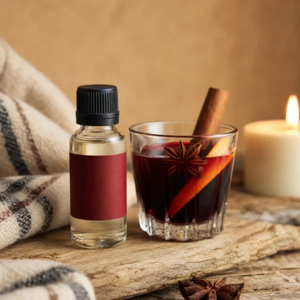 Flesje geurolie Glühwein naast een glas glühwein met steranijs en kaneel op eikenhout, met een kaars en een wollen plaid