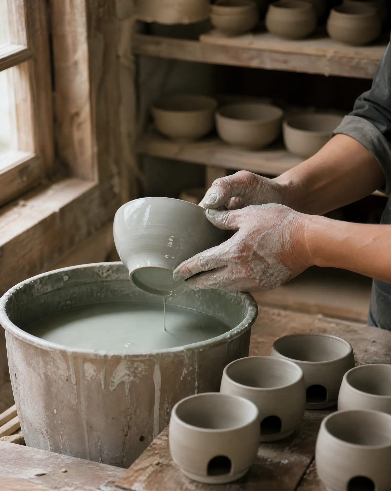 Keramist glazuurt een schaal in een kleine werkplaats in China Keramist glazuurt een schaal in een kleine werkplaats in China