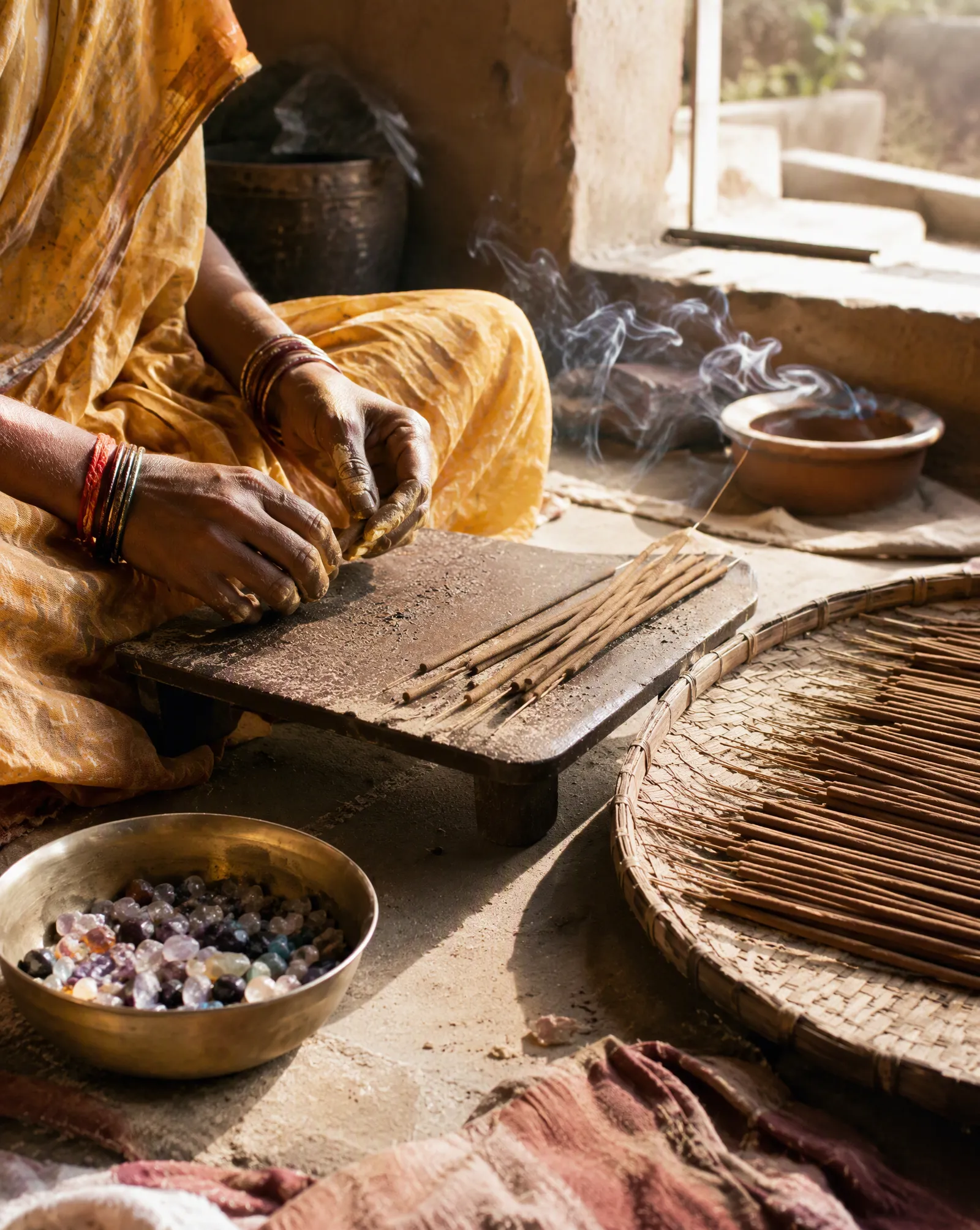 Wierook wordt met de hand gerold in een dorp in India Wierook wordt met de hand gerold in een dorp in India