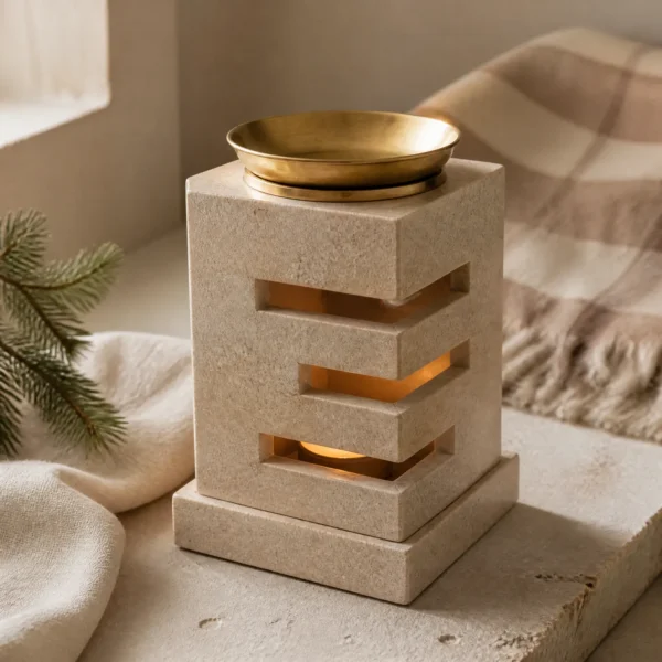 Oliebrander van beige zandsteen met horizontale gleuven en een klein messing schaaltje bovenop, het kaarslicht schijnt door de gleuven, op een kalkstenen plaat