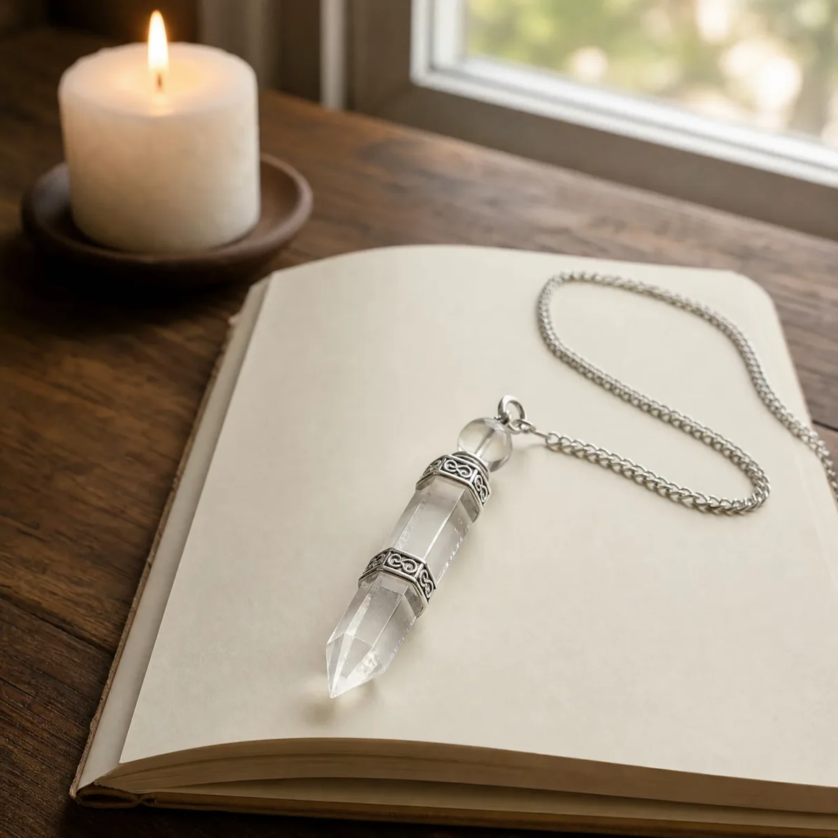 Pendel van bergkristal met zilverkleurige ketting op een opengeslagen notitieboek, met een brandende kaars op de achtergrond