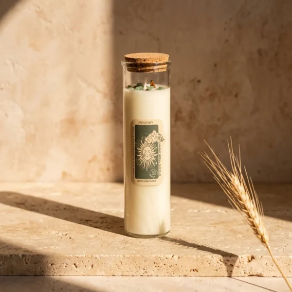 Spell candle Happiness in glas met kurk op travertin met een aar