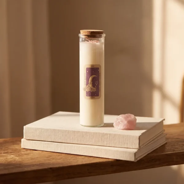 Spell candle Love in glas met kurk op een stapel boeken met rozenkwarts
