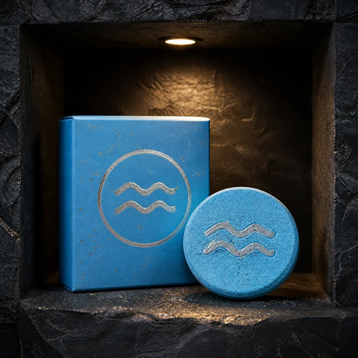Blauw doosje sterrenbeeld Waterman met bruisbal in een donkere nis