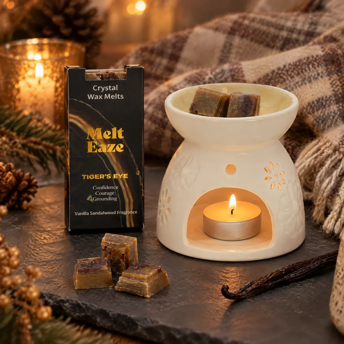 Zwart Melt Eaze doosje met tijgeroog wax melts naast losse bruine blokjes en een witte oliebrander met waxinelichtje en een vanillestokje