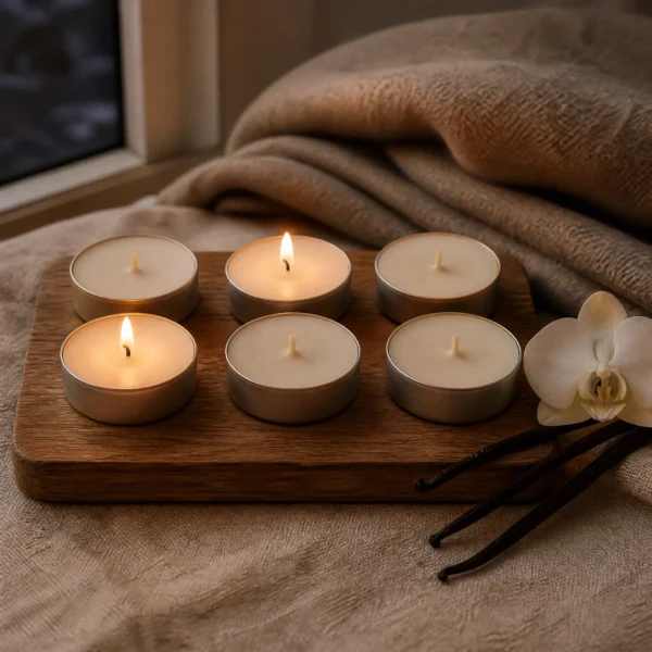 Zes crèmekleurige waxinelichtjes met vanillegeur op een eikenhouten plank, twee zijn aan, met vanillestokjes en een witte orchidee