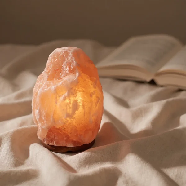 Brandende zoutlamp van Himalayazout op een linnen dekbed naast een open boek