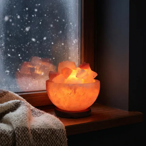 Gloeiende zoutlamp vuurschaal in de vensterbank terwijl het buiten sneeuwt